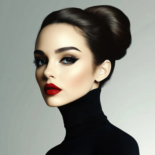Woman portrait with elegant updo, bold red lipstick, winged eyeliner, and black turtleneck against a light gray background.