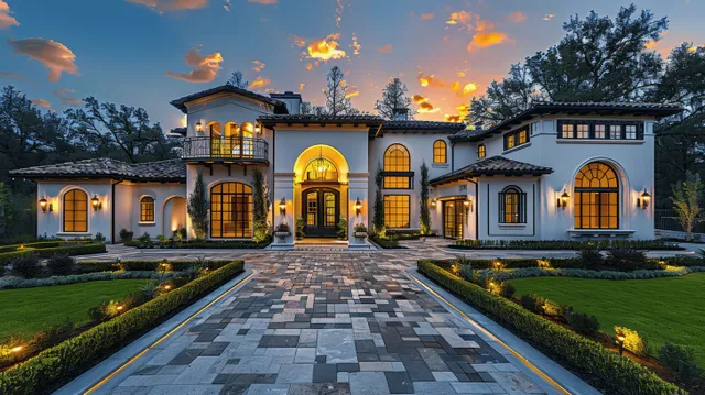 Spanish Colonial luxury house exterior at dusk with stone walkway and arched windows