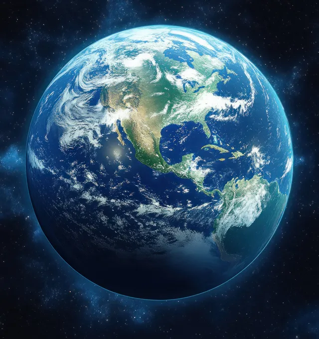 Earth floating in space with curved horizon, glowing clouds, and blue oceans under starlight.