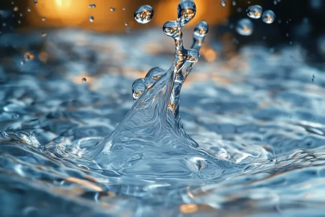 A water droplet splashes upward above rippling blue water with smaller droplets sparkling around it.