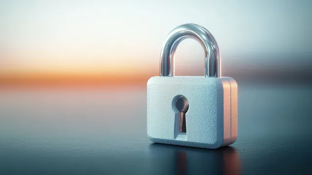 A silver padlock upright on a reflective surface with blurred warm and cool sunset tones behind it.