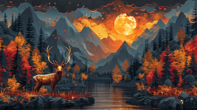 Golden deer stands in a dark green forest scene under a glowing moon, with birds, mountains, and rippling water.