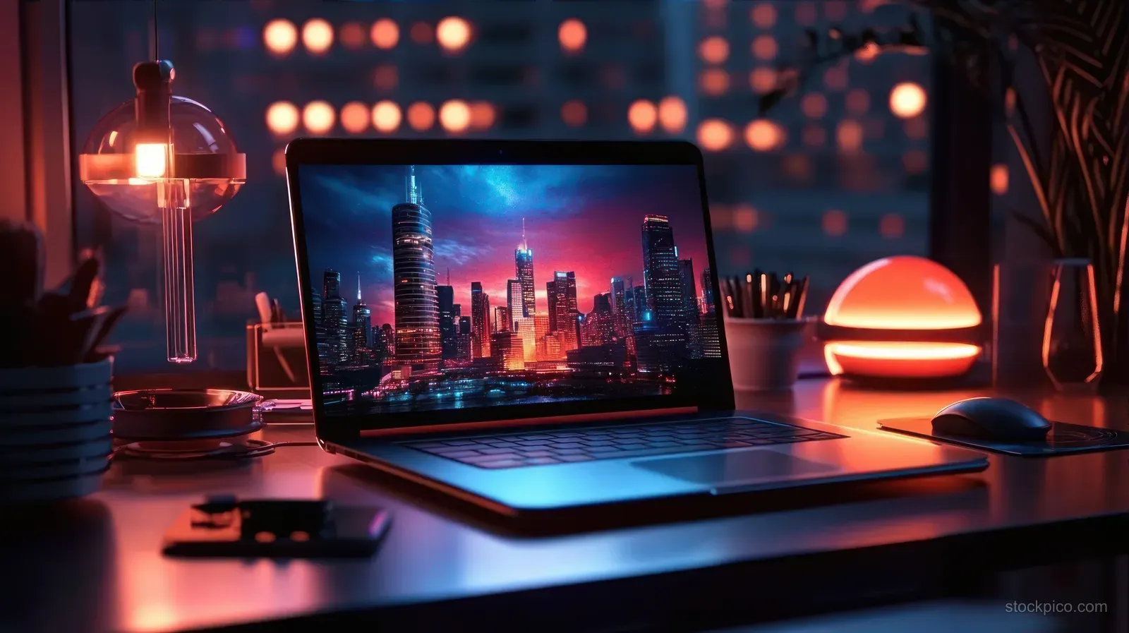 Laptop on a desk at night shows a colorful city skyline while a desk lamp glows near office supplies.