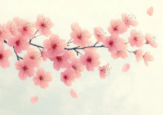 Pink cherry blossoms on dark branches with soft falling petals against a light background