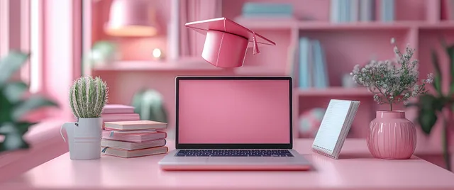 Pink Study Desk with Laptop, Books, and Graduation Cap Decor