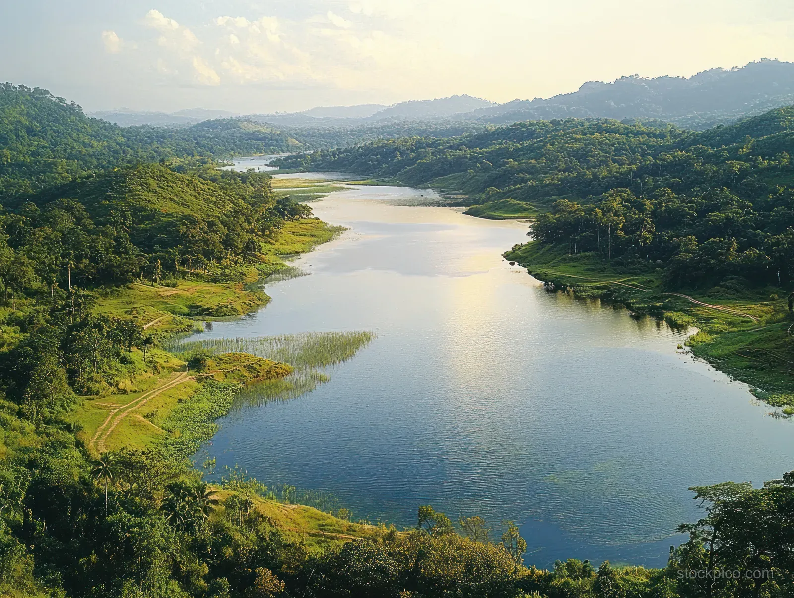 Drone aerial view shows calm Sermo Lake winding between lush green hills in bright daylight.