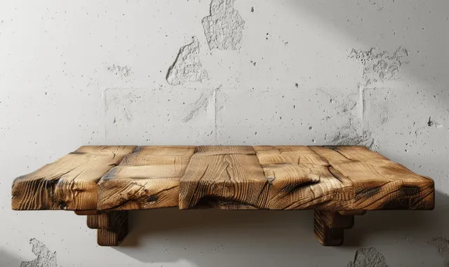 Rustic wooden shelf mounted on a cracked white concrete wall, with visible knots and grain.