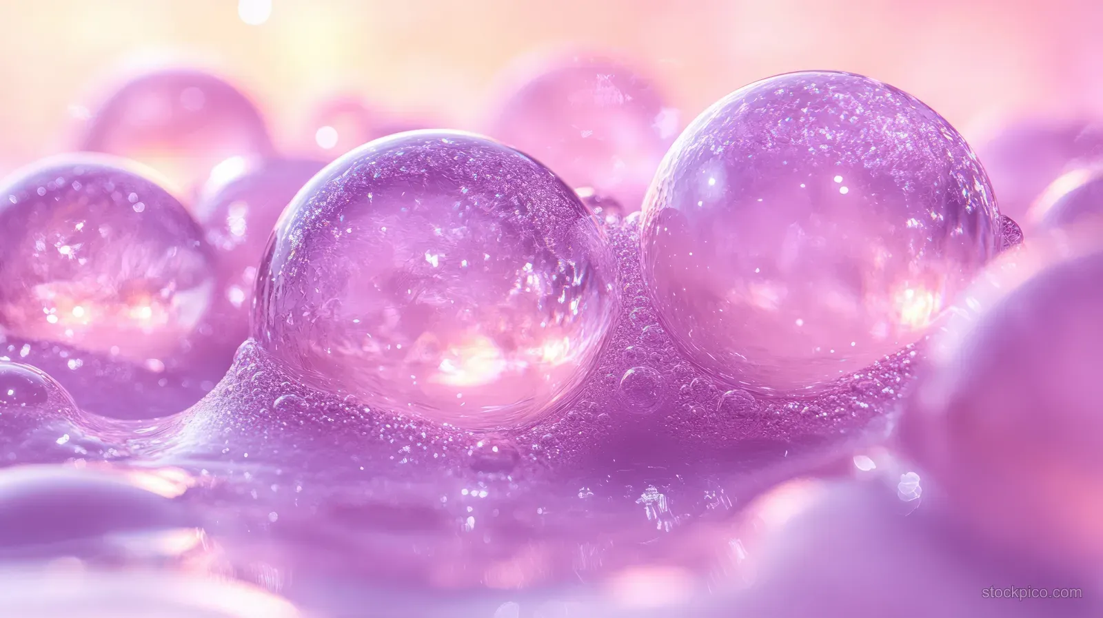 Glowing purple droplets on a smooth gel surface create a hydrated cushion-like texture.