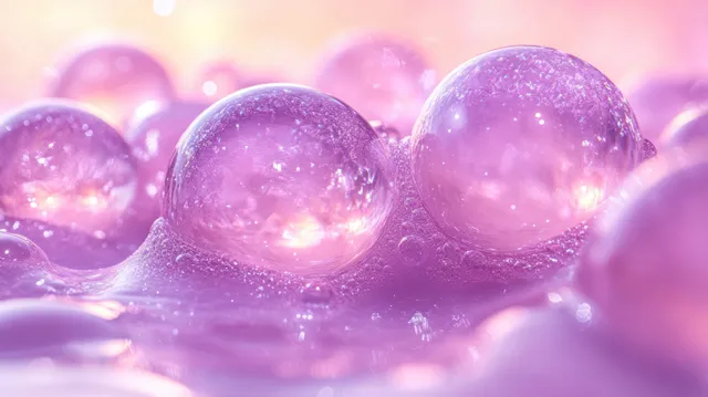 Hyaluronic acid droplets resting on silky purple gel with soft glow