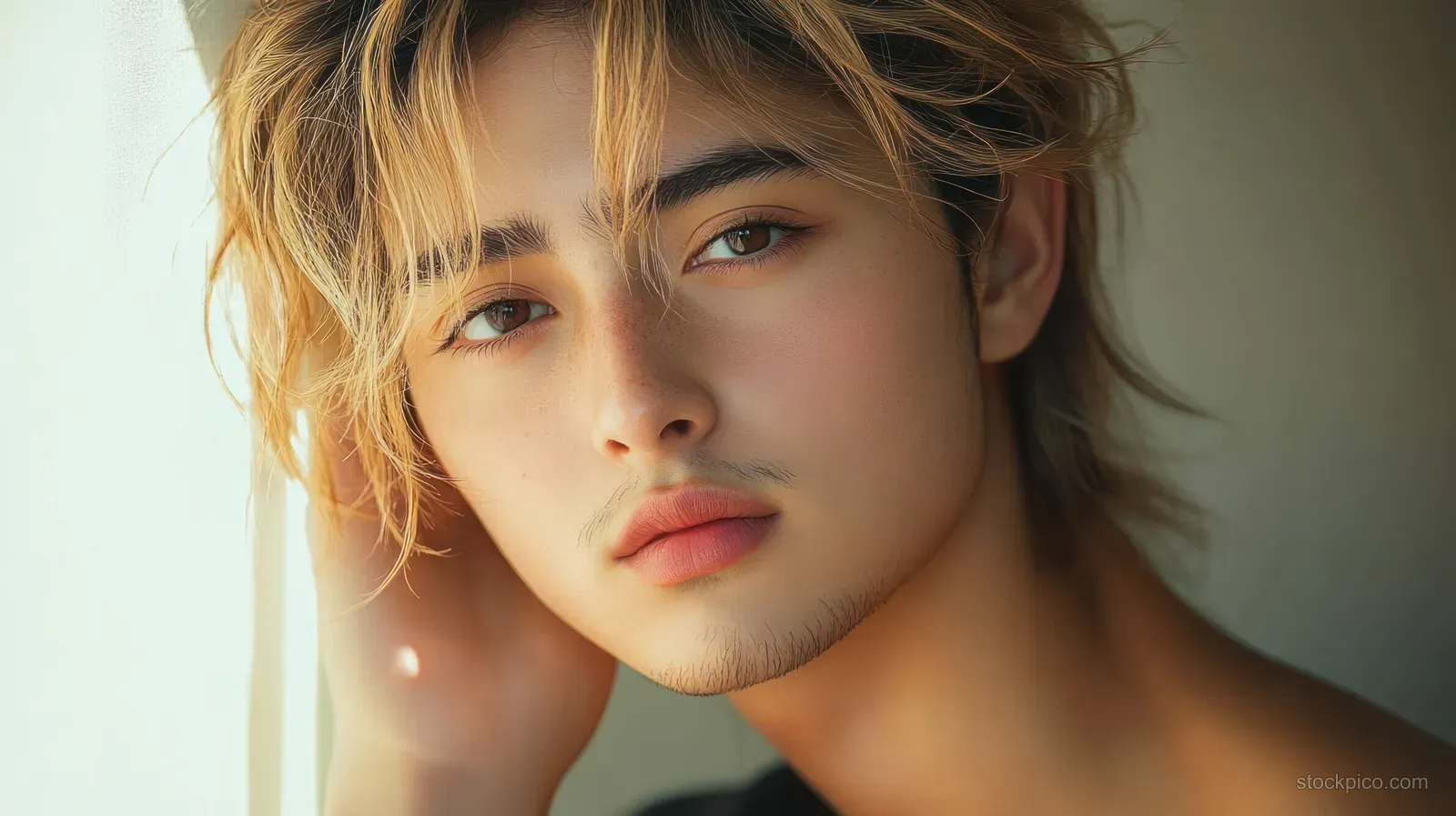 Young Asian man in a close-up skincare portrait under soft natural light, with tousled hair and calm gaze.