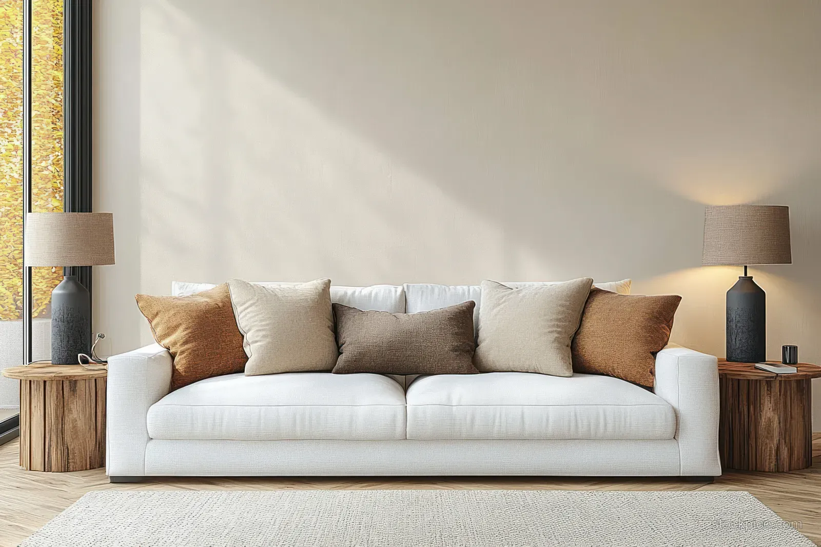 White sofa with textured cushions sits in a minimalist Scandinavian living room with warm wood side tables and soft lighting.
