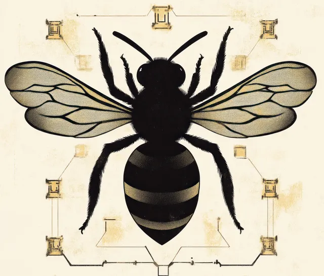 Detailed Close-Up Bee Illustration with Translucent Wings and Circuit-Gold Pattern