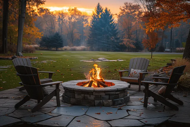 Fire pit burning at dusk with chairs around it on stone pavers and autumn trees in the background.