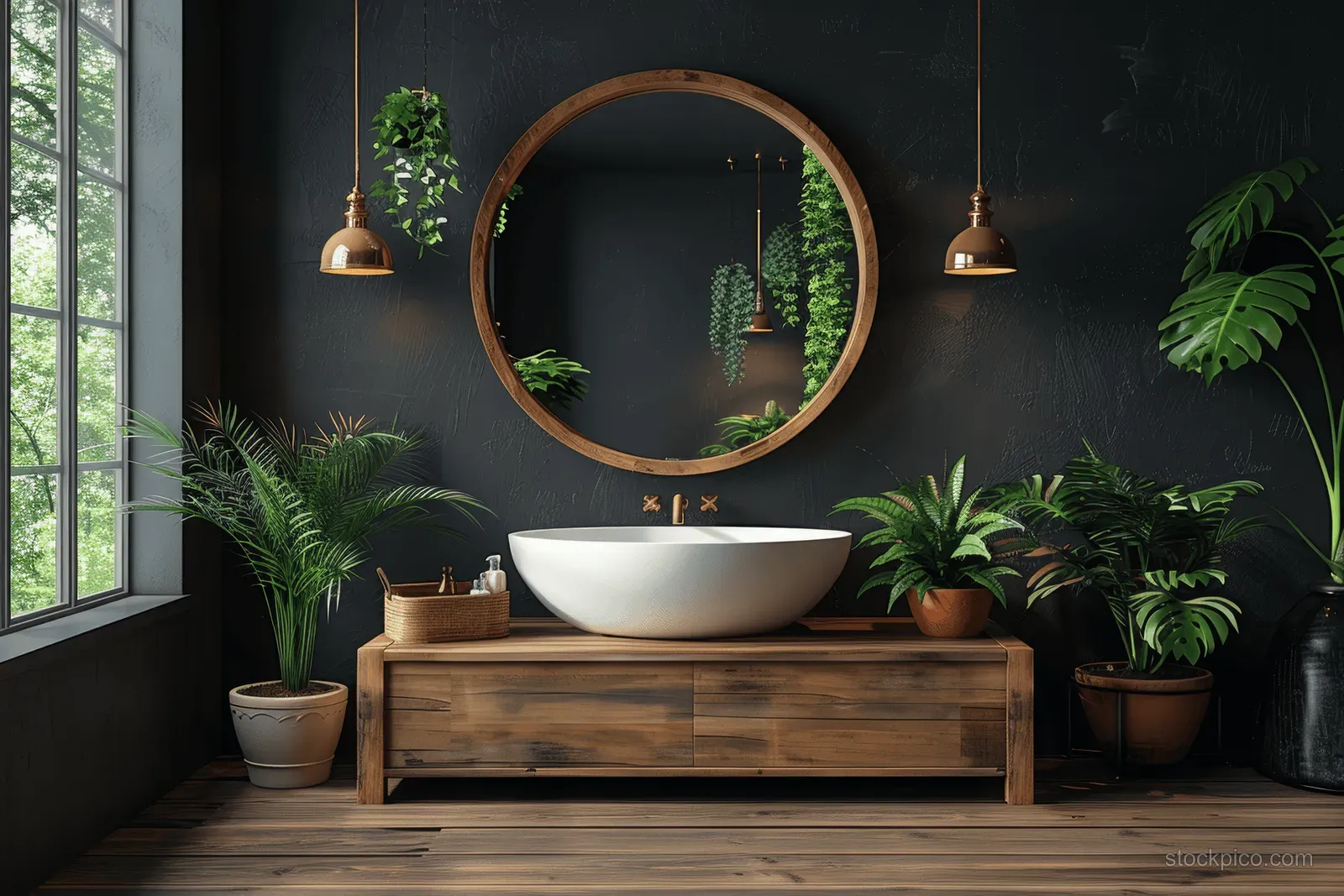 Wooden bathroom vanity with round mirror and a white vessel sink, framed by multiple green potted plants.