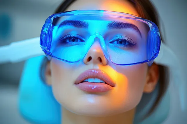A woman wearing blue protective goggles faces the camera under warm orange and cool blue lighting.