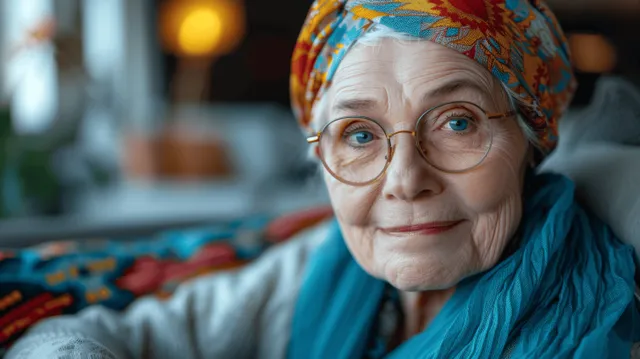 Smiling elderly woman in colorful headscarf sitting in hospital room, warm soft lighting