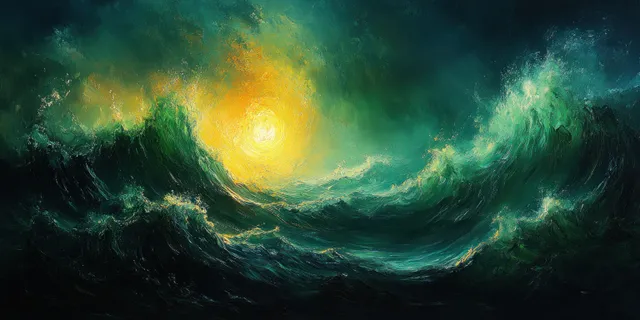 Green abstract wave texture with a glowing yellow light at the center and swirling vintage grunge patterns.
