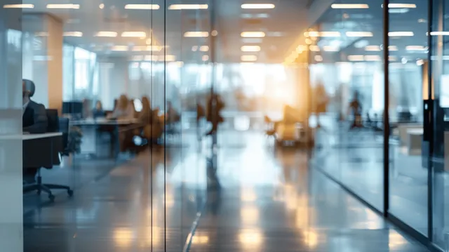 Blurred open-plan office with programmers working at desks behind glass walls and bright overhead lighting.