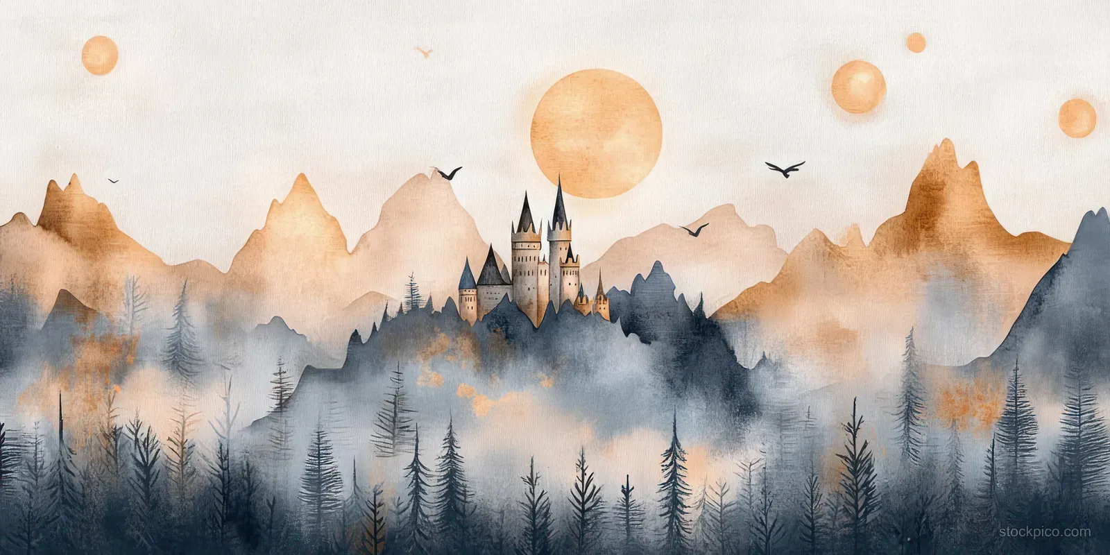 Whimsical watercolor fairy castle rises above misty pine forests and mountains under a glowing moonlit sky.