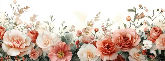 Watercolor peony and rose floral border with peach and pink blooms for wedding invitations