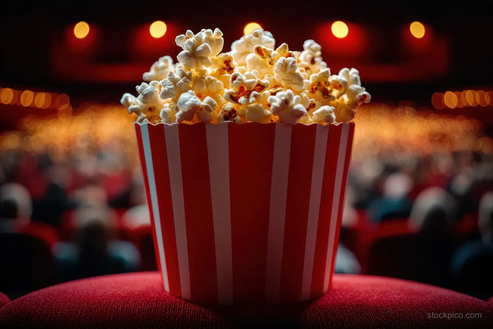 Striped popcorn bucket on a red cinema seat with blurred theater seats and warm lights behind.