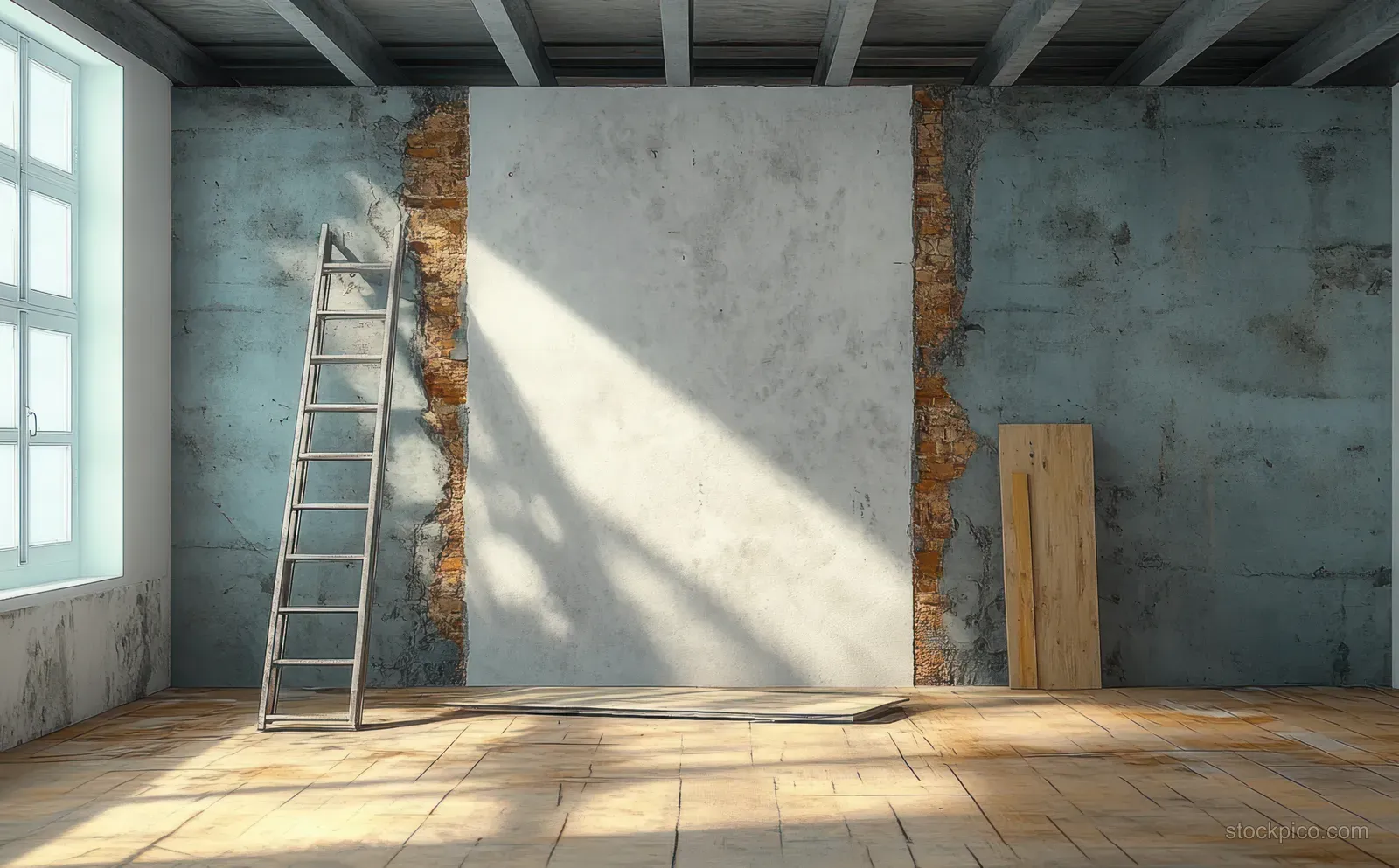 Wood ladder leans in a bare renovation room with plasterboard patches and strong sun shadows across the concrete floor.