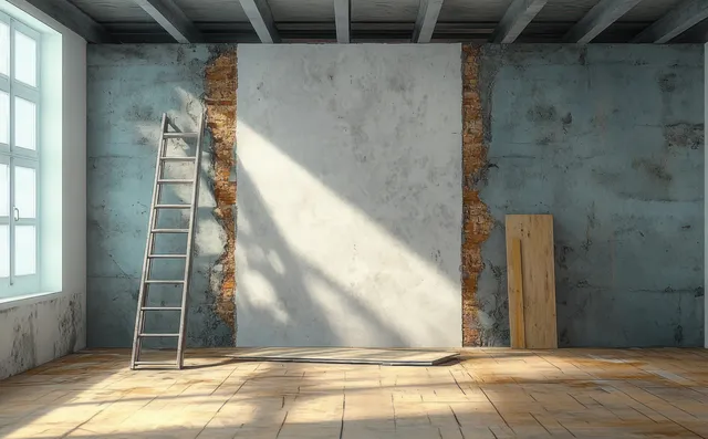 Wood ladder leans in a bare renovation room with plasterboard patches and strong sun shadows across the concrete floor.