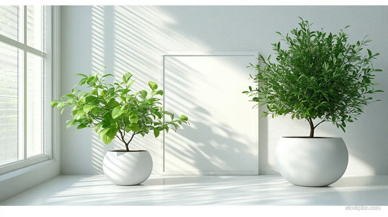 Two potted plants sit on a white table beside a blank wall frame in a bright minimalist room.