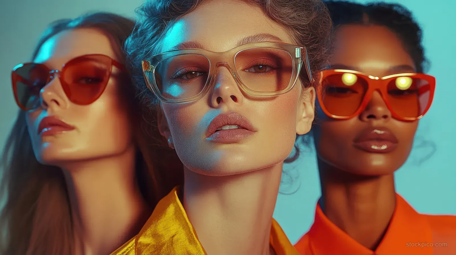 Three women in colorful outfits pose with oversized tinted sunglasses in a studio fashion portrait.