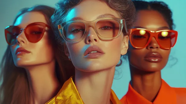 Three women pose confidently wearing oversized tinted sunglasses in a vibrant studio fashion portrait