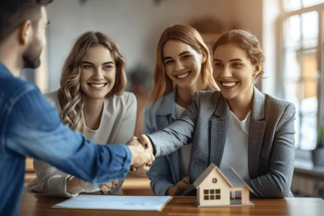 Smiling couple and realtor shake hands at a desk with a house model during a signed home purchase contract in an office.