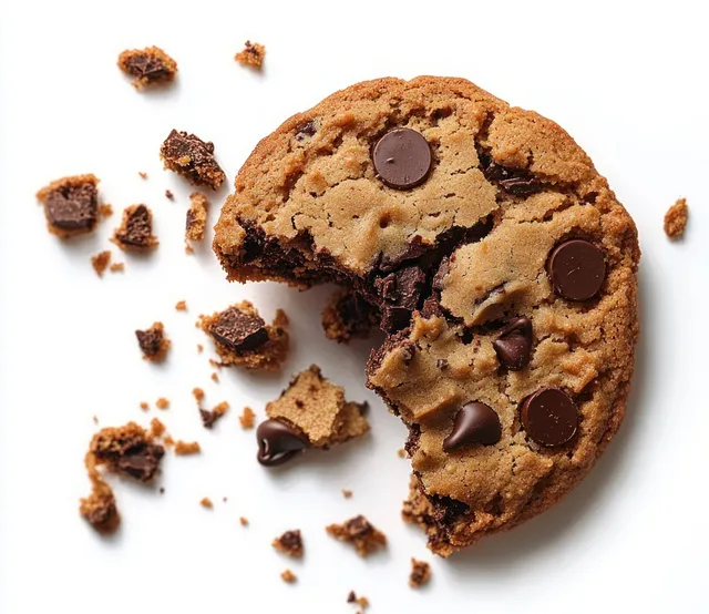 A bitten chocolate chip cookie sits on a white background with scattered crumbs around it.