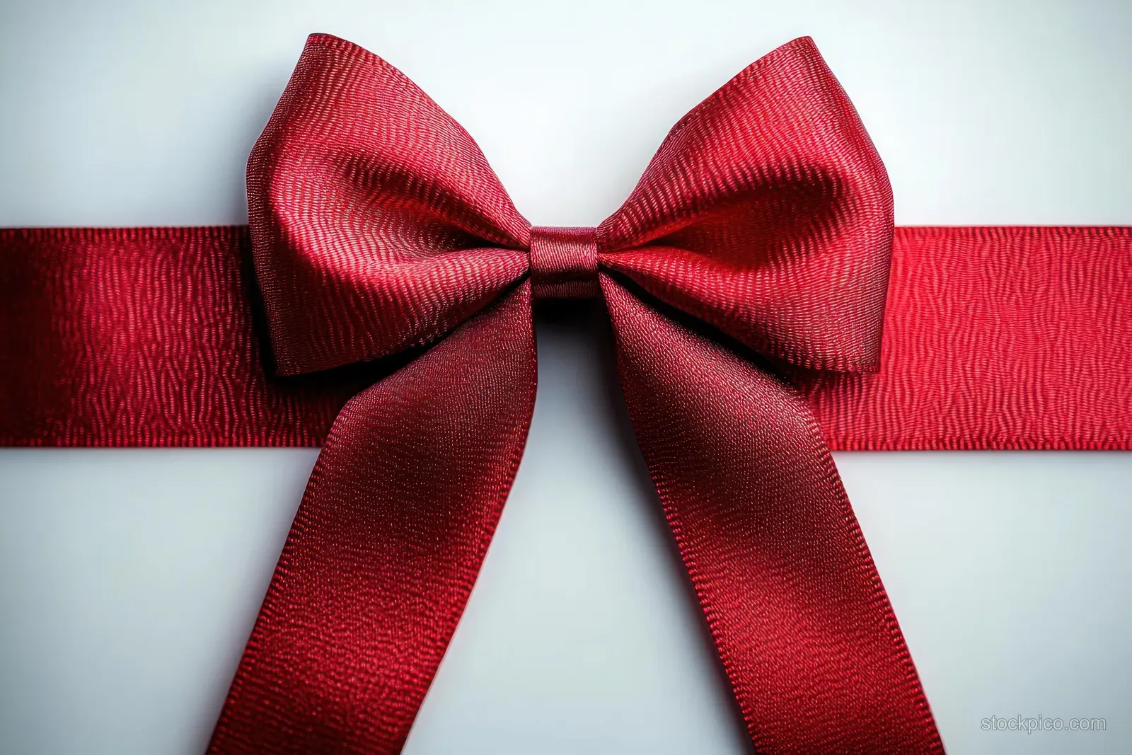 Centered red satin ribbon bow with glossy loops tied on a smooth white background for gift wrapping.