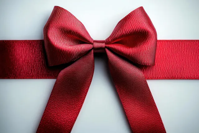Centered red satin ribbon bow with glossy loops tied on a smooth white background for gift wrapping.