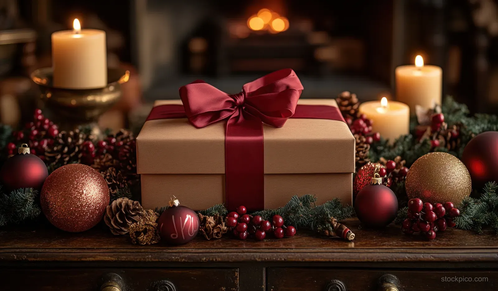 Christmas gift box with red ribbon on a wooden table, flanked by lit candles, pine sprigs, and gold ornaments.