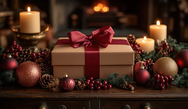 Christmas gift box with red ribbon, candles, pine sprigs, and ornaments on wooden table