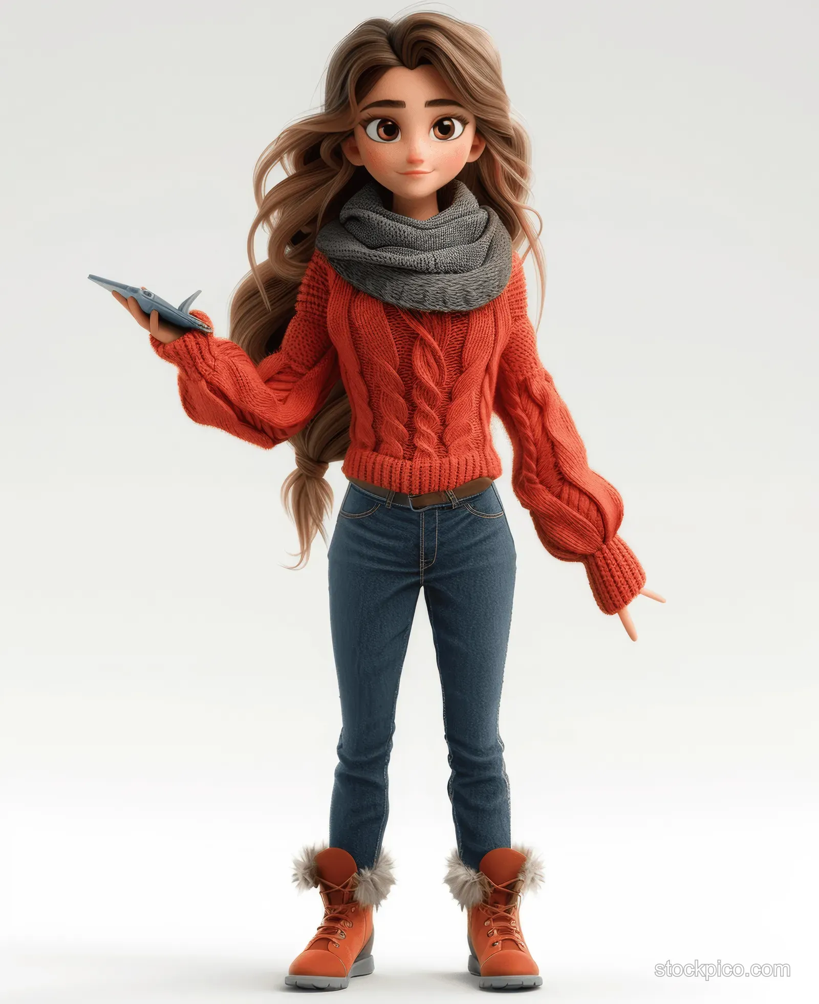 A 3D cartoon woman in a red sweater and blue pants points sideways on a white background.