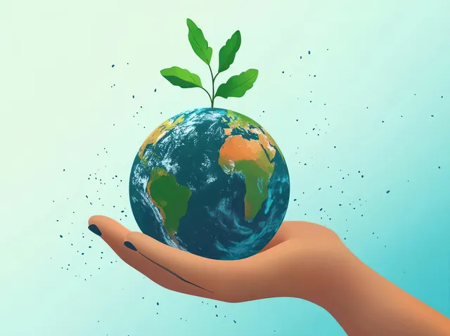 Hands cradling a small Earth with a green plant sprout for environmental care