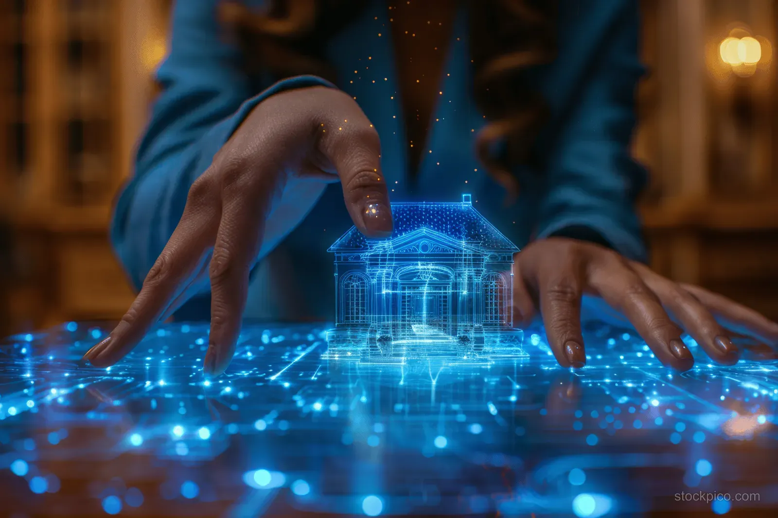 A businesswoman’s hands hover over a glowing blue holographic house model on a desk.