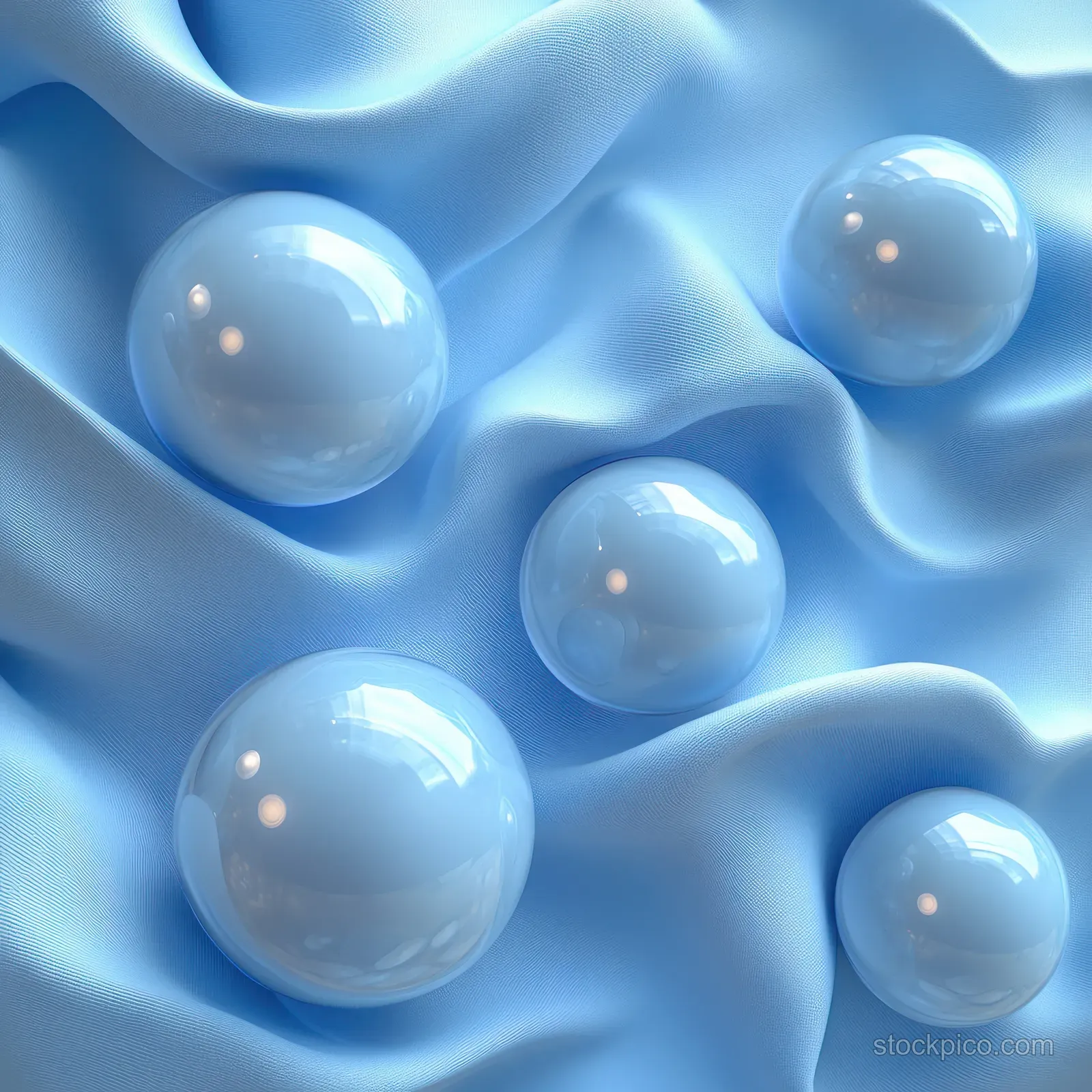 Translucent blue spheres embedded on wrinkled white fabric in a soft-focus macro scene.