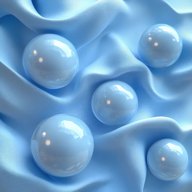 Blue translucent spheres resting on folded white fabric, soft-focus macro study