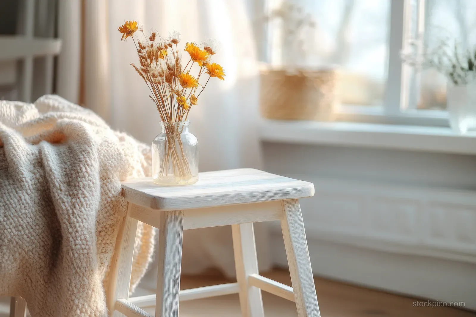 A hand brushes white paint onto a wooden stool in a bright Scandinavian interior with window light.