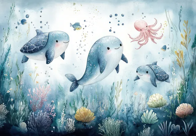 Watercolor underwater scene with narwhals, turtles, and octopus drifting among coral and bubbles
