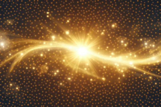 A bright golden burst radiates from the center with swirling glowing particles and twinkling star sparkles on dark.