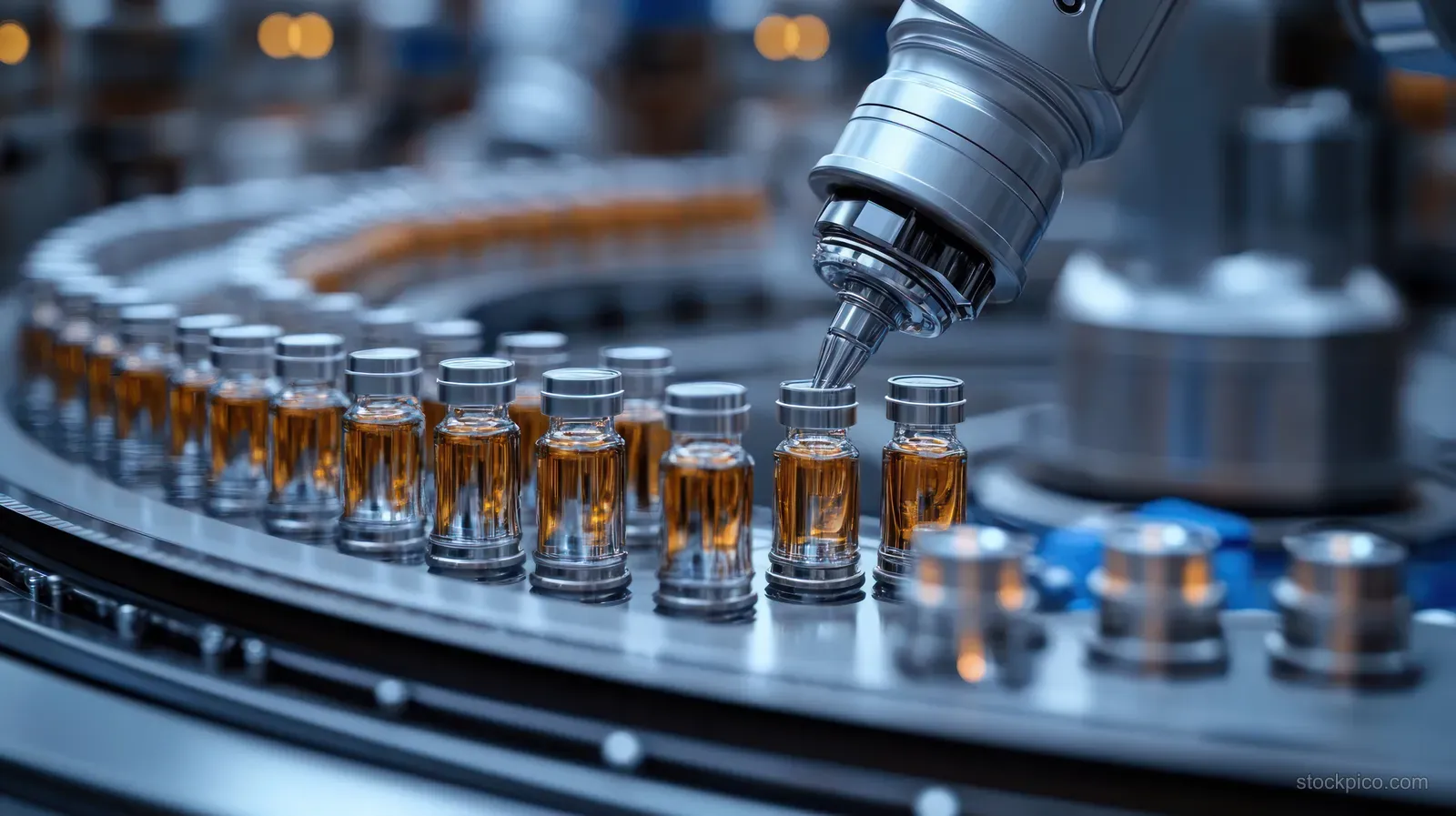 Robotic nozzle dispenses amber liquid into glass vials moving on a conveyor in a sterile production setting.
