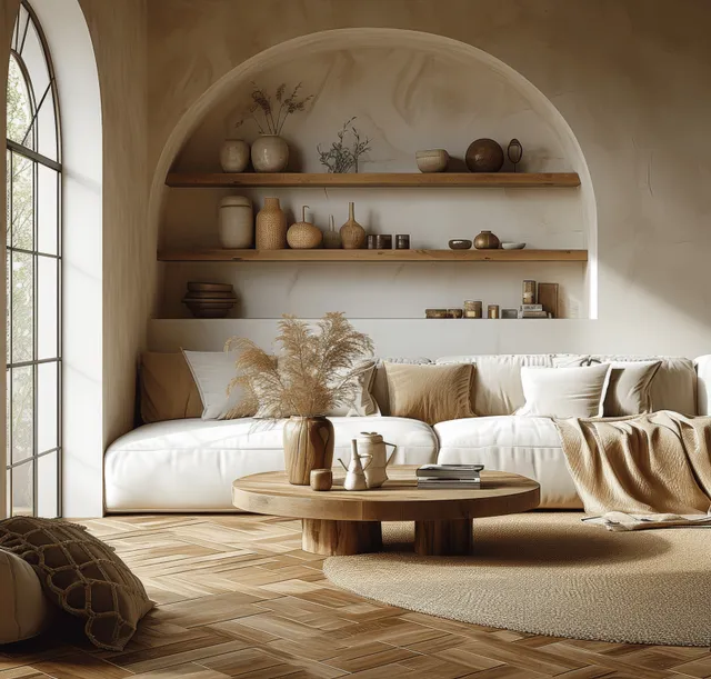 A serene bohemian living room features warm tones, woven textures, and decor elements like pampas grass and minimalist shelves.