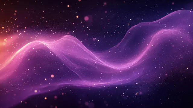Purple and pink light waves ripple across a dark starry background while glowing particles drift through the scene.