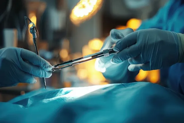 Gloved surgeons use laparoscopic instruments over a sterile surgical field in an operating room under bright lights.