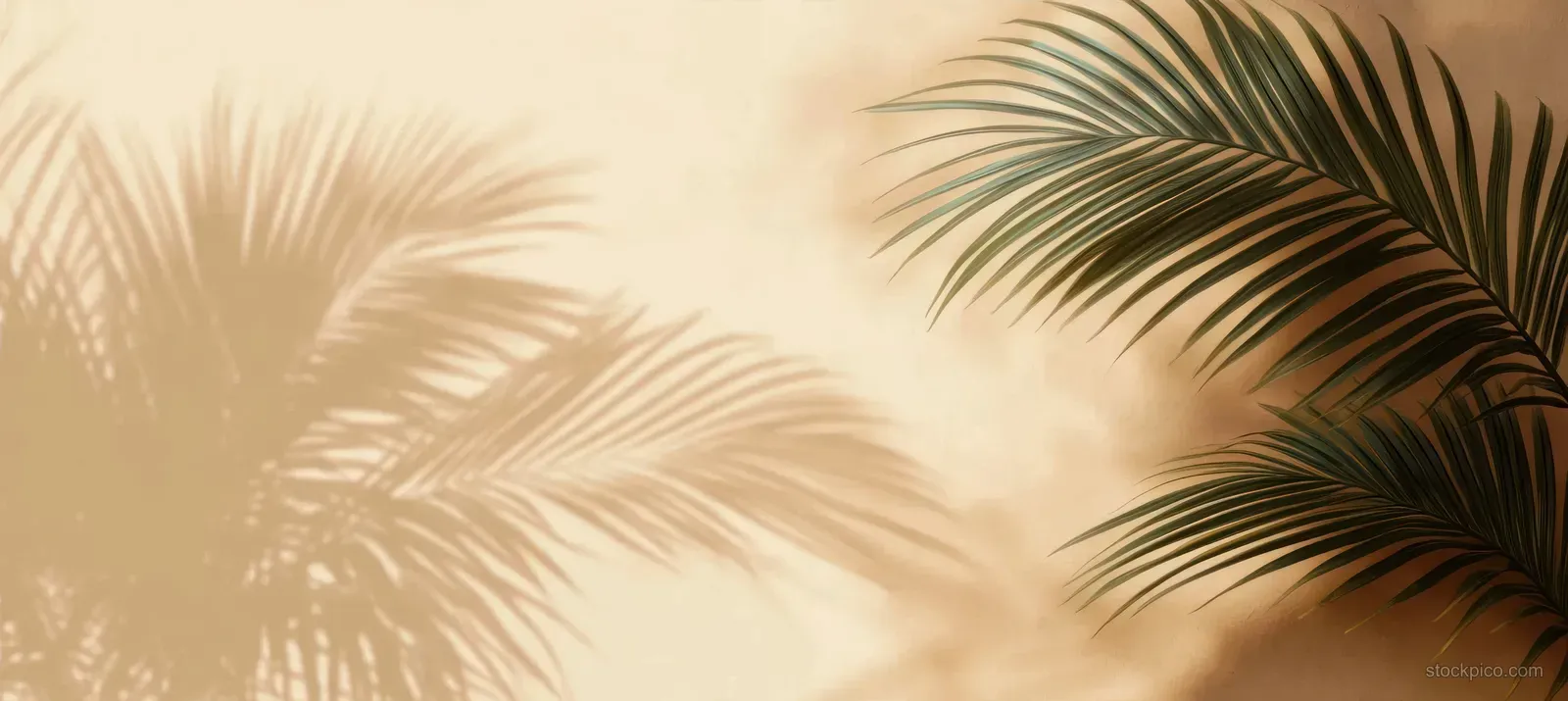 Palm leaves cast gentle shadows on a warm beige wall under soft sunlight.