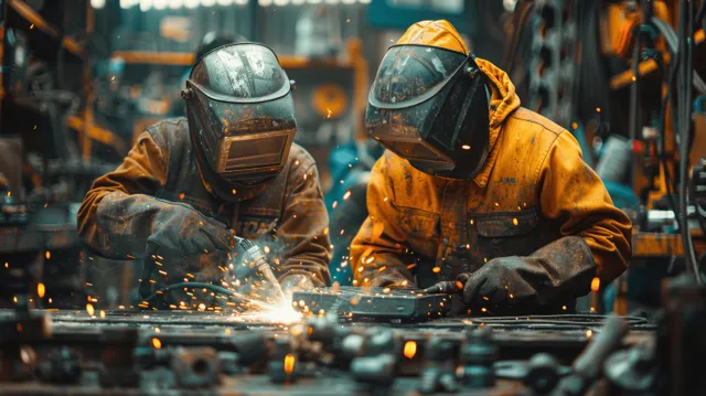 Two welders arc-weld metal parts in a factory workshop, sparks flying around their safety helmets.
